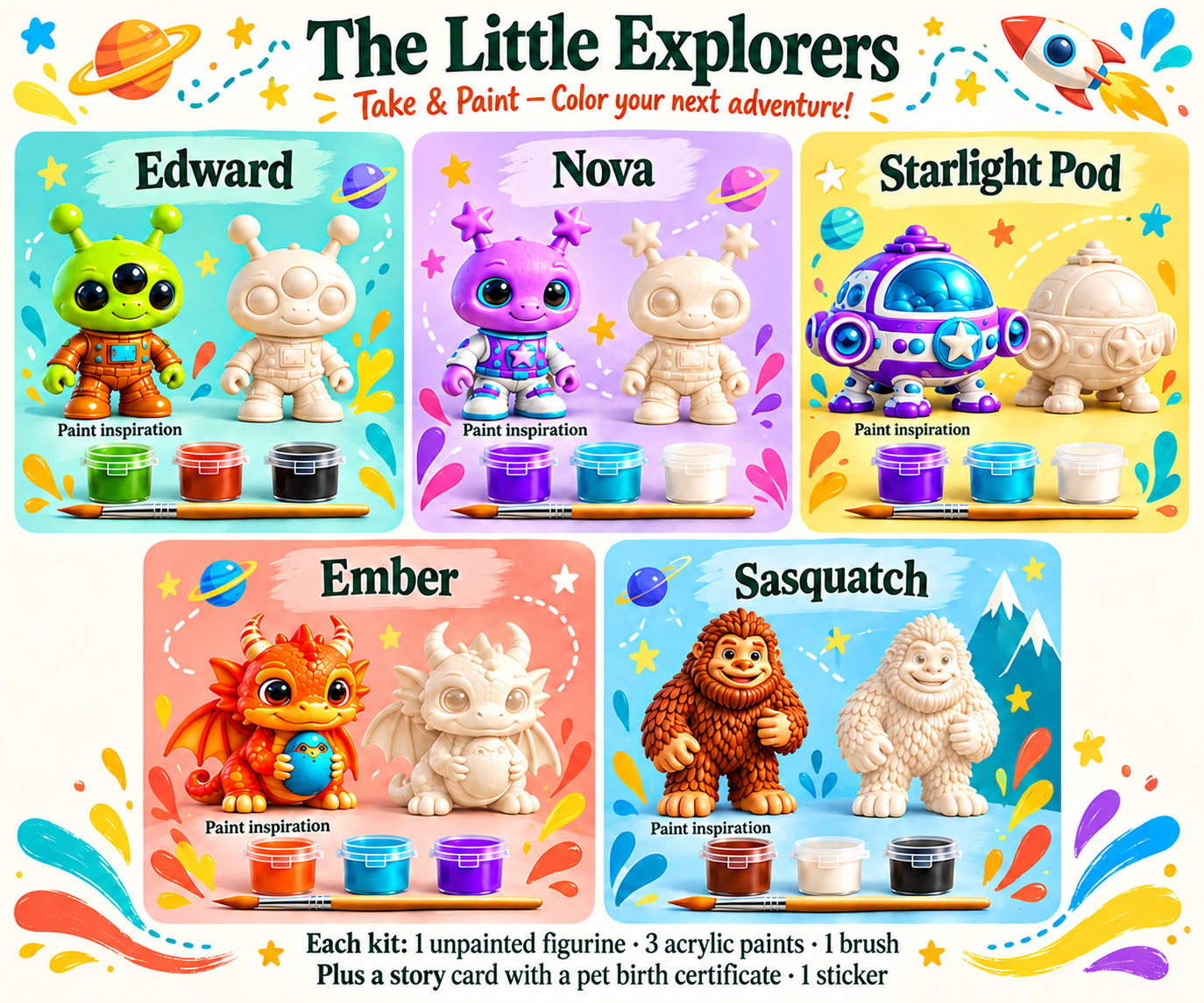 The Little Explorers: Edward, Nova, Starlight Pod, Ember, and Sasquatch, shown unpainted beside painted inspiration.