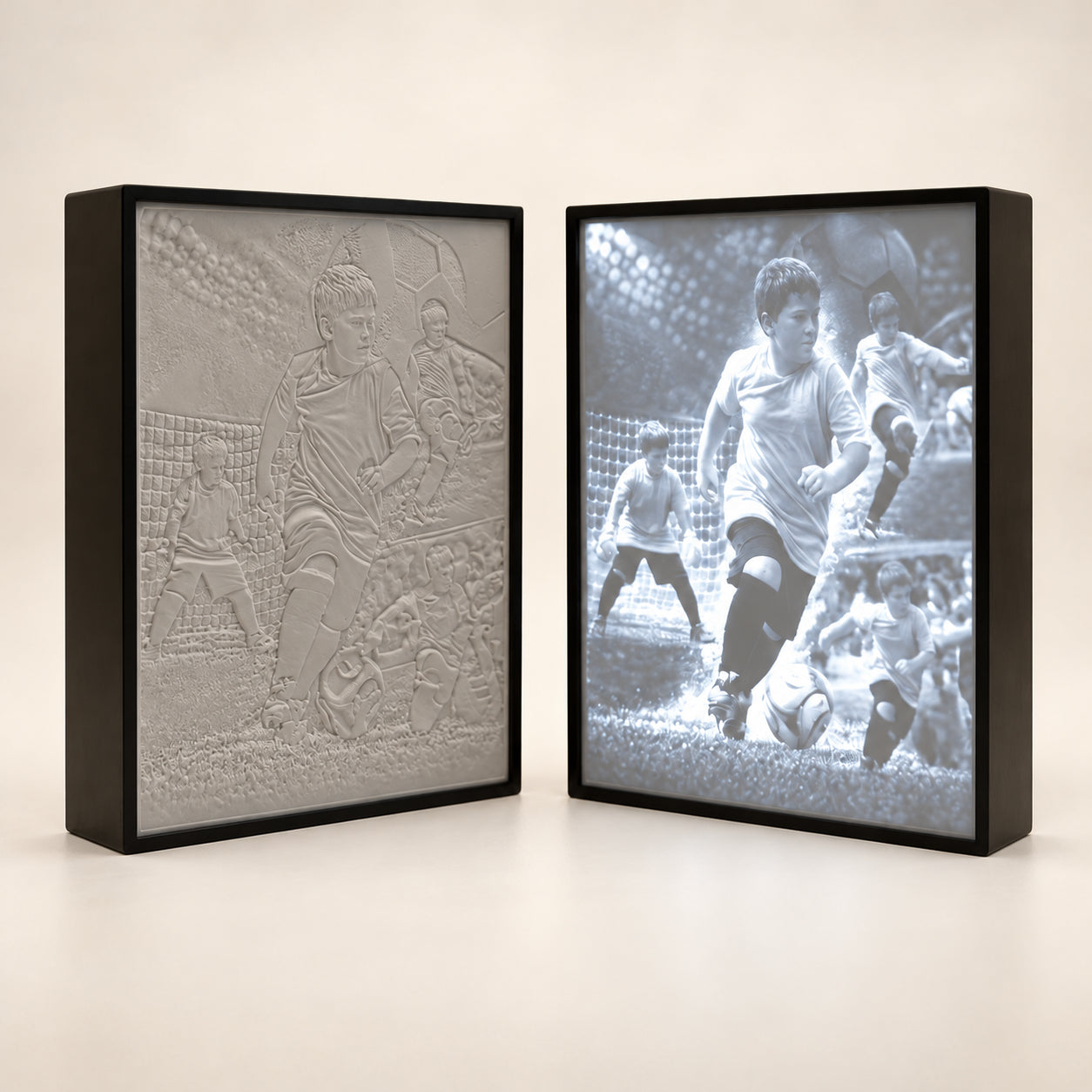 Illustrative custom lithophane light, shown unlit and illuminated
