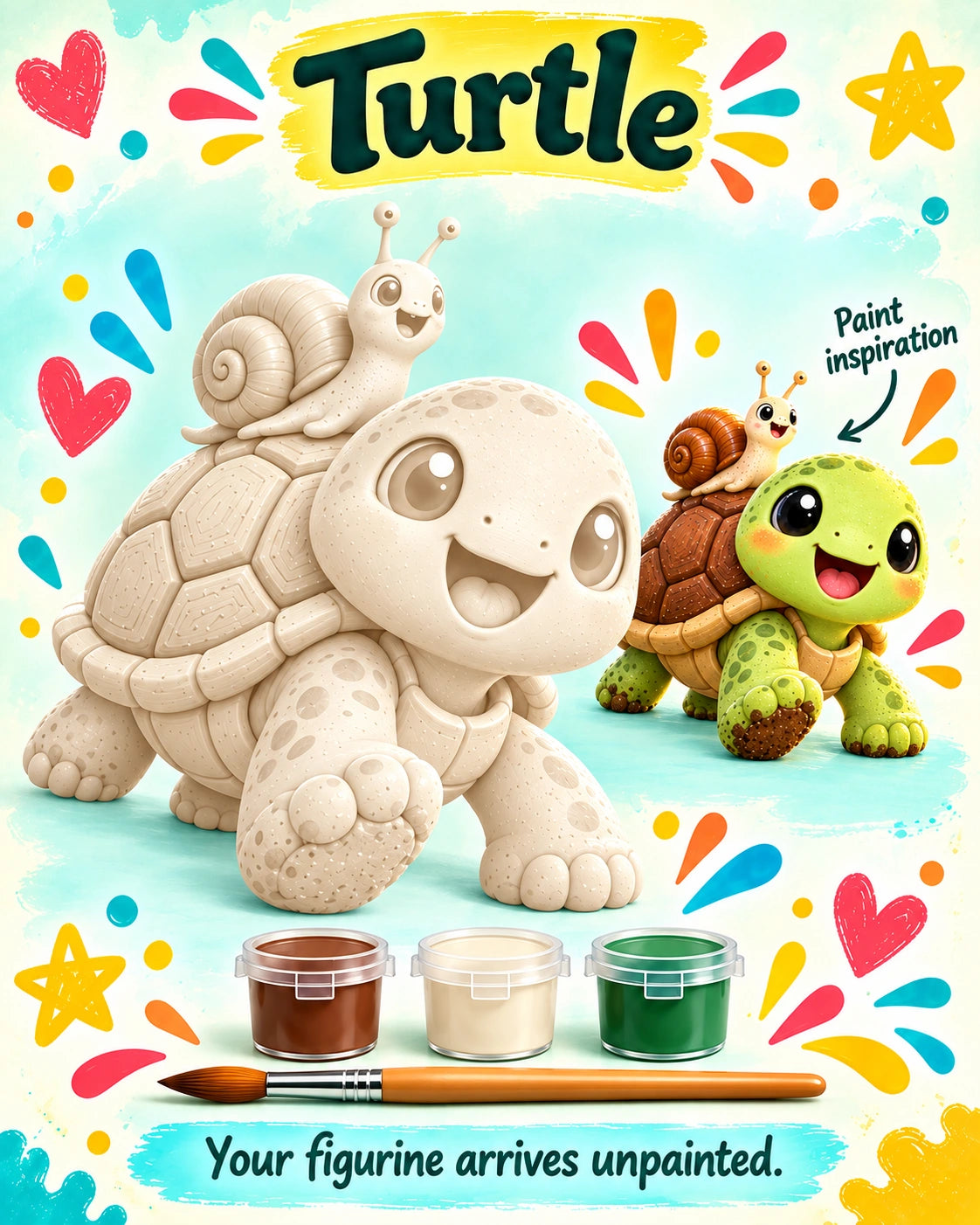 Turtle character artwork: unpainted illustration and painted inspiration