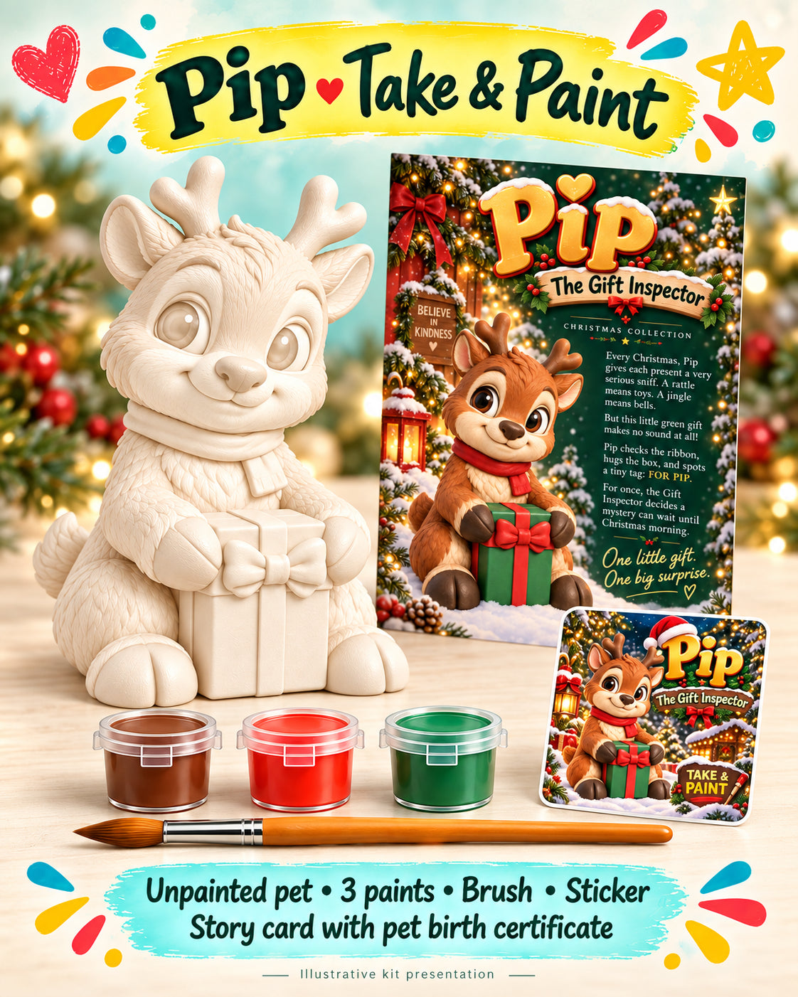 Illustrative Pip kit showing the unpainted character and included supplies