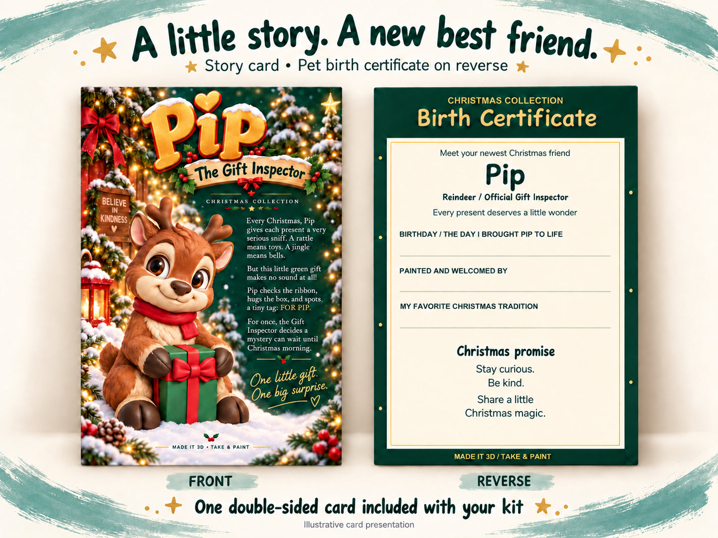 Illustrative Pip story card front and birth certificate reverse, two sides of one included card
